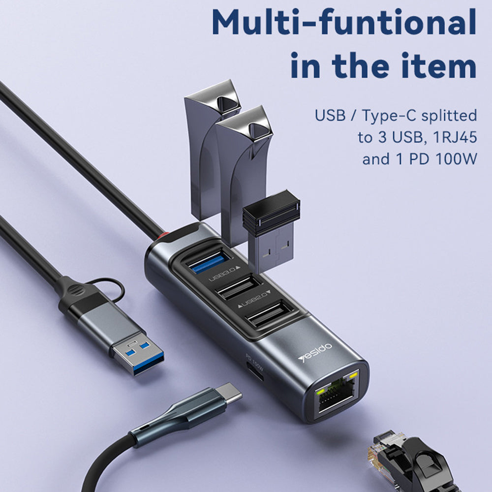 Hub USB / USB-C Yesido HB21, 5in1, Grigio