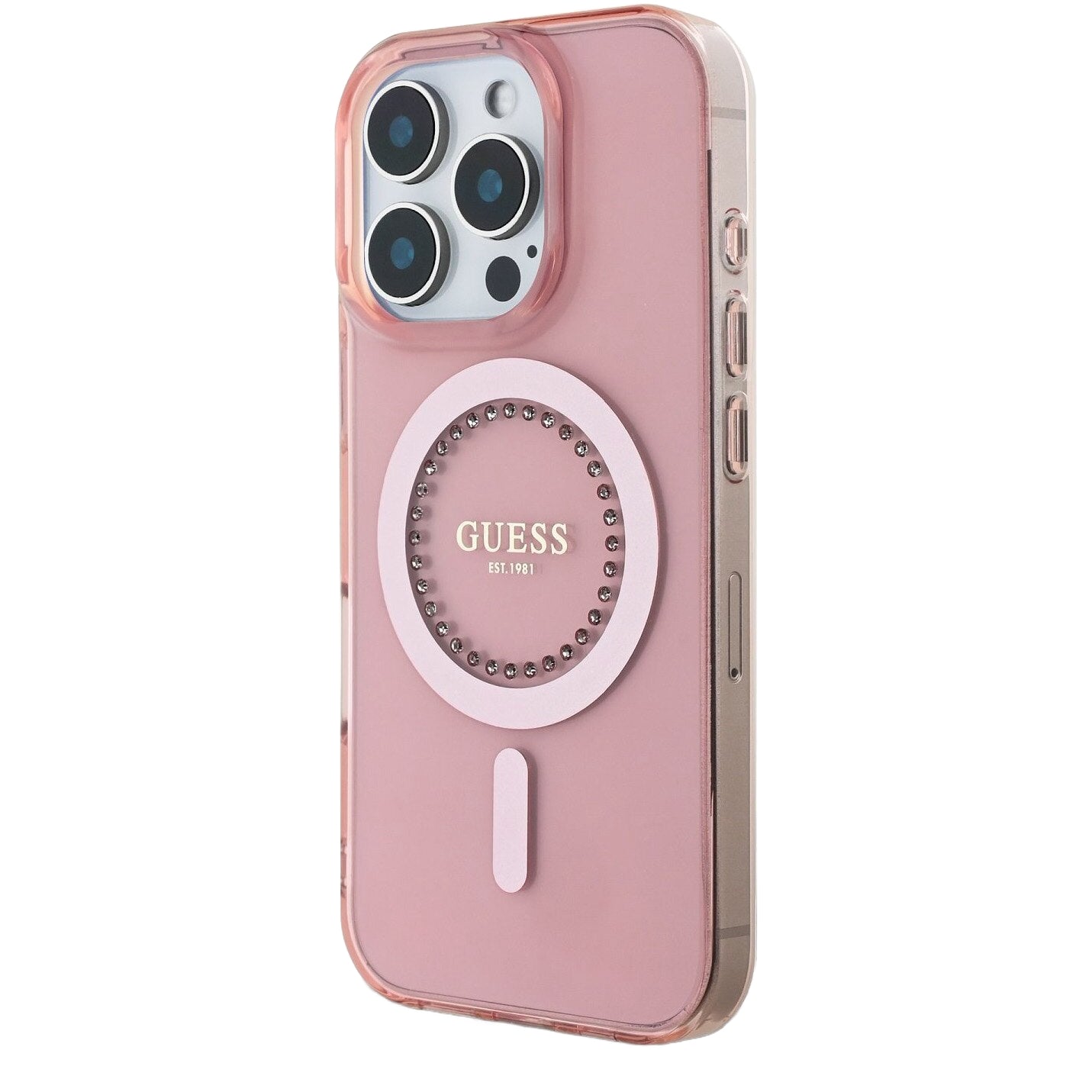 Custodia MagSafe per Apple iPhone 16 Pro Max, Guess, IML Rhinestones Ring, Rosa GUHMP16XPFTDTEP