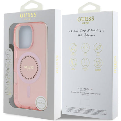 Custodia MagSafe per Apple iPhone 16 Pro Max, Guess, IML Rhinestones Ring, Rosa GUHMP16XPFTDTEP