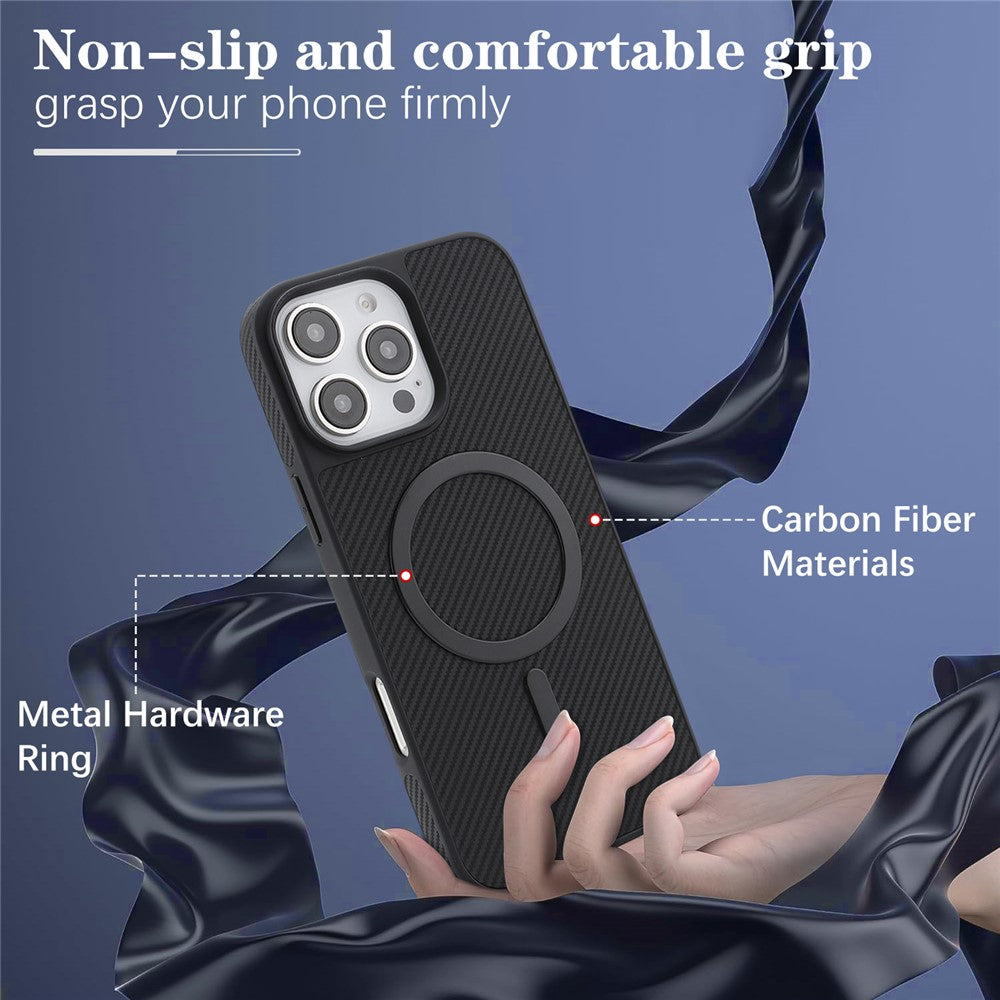 Custodia MagSafe per Apple iPhone 16 Pro Max, OEM, Anello in Metallo Carbonio, Nera