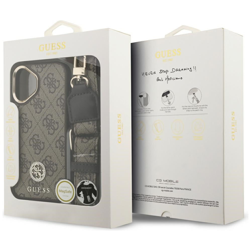 Custodia MagSafe per Apple iPhone 17, Guess, 4G Strass Logo con Grande Cinturino, Marrone, Resigillata