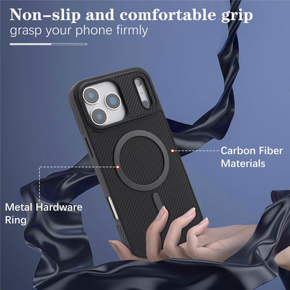 Custodia MagSafe per Apple iPhone 17 Pro Max, OEM, Anello in Metallo Carbonio, Nera