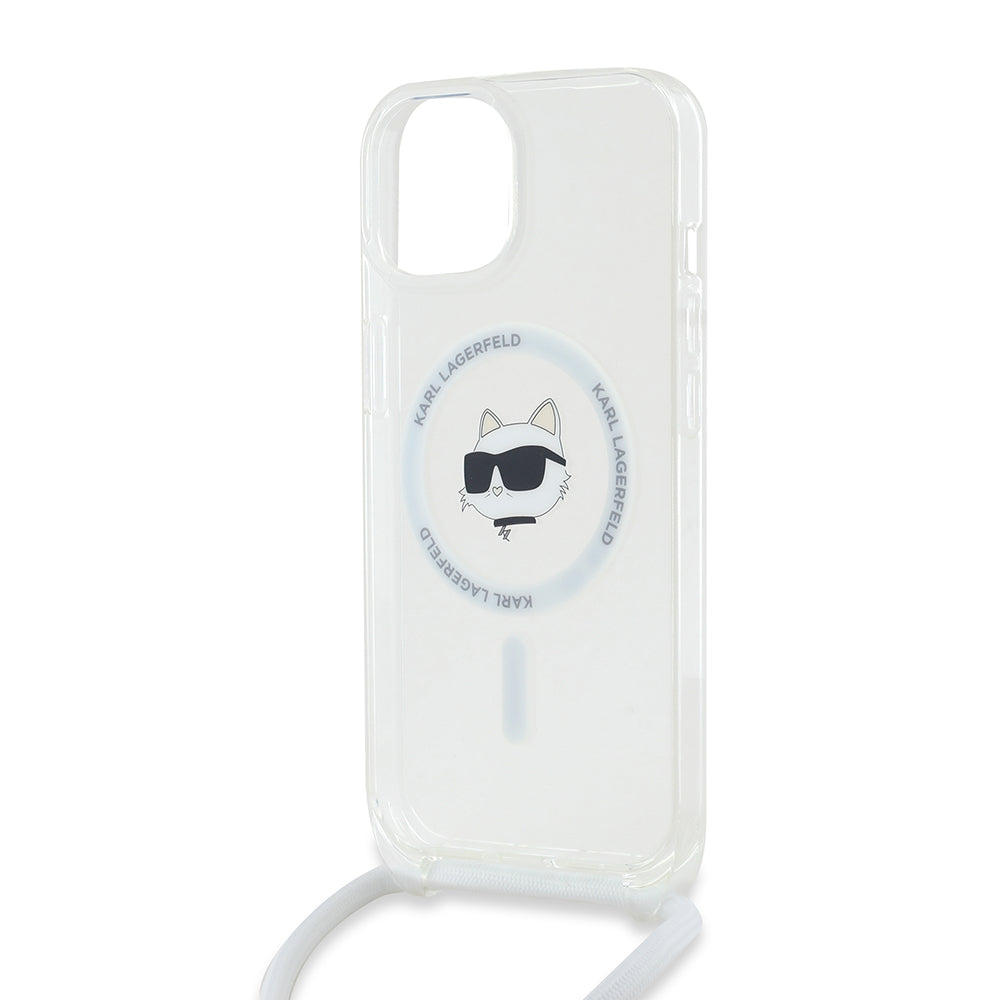 Custodia MagSafe per Apple iPhone 14, Karl Lagerfeld, IML Crossbody Choupette's Head con Tracolla, Trasparente
