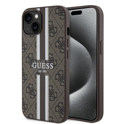 Custodia MagSafe per Apple iPhone 15, Guess, 4G Printed Stripes, Marrone