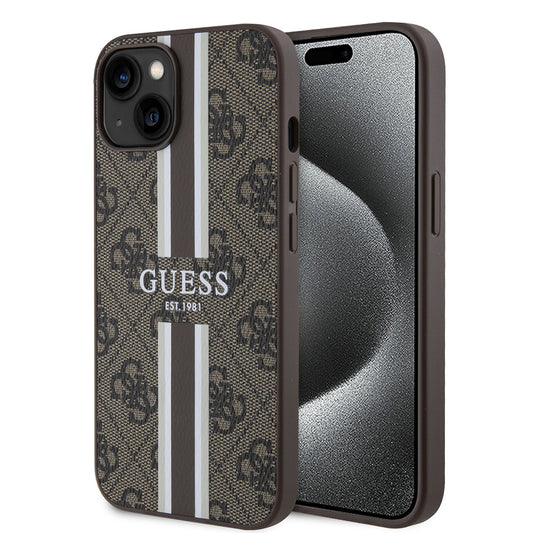 Custodia MagSafe per Apple iPhone 15, Guess, 4G Printed Stripes, Marrone