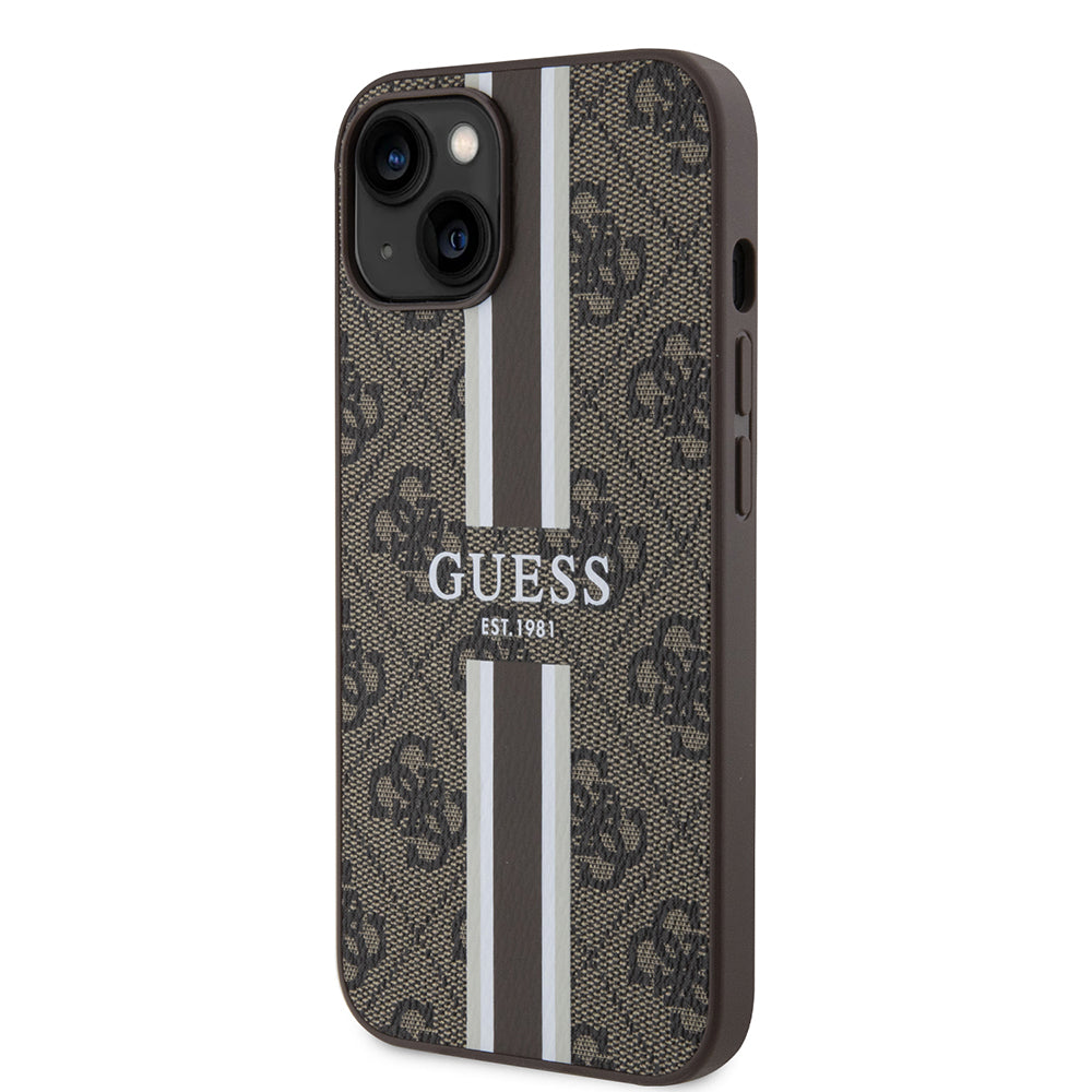 Custodia MagSafe per Apple iPhone 15, Guess, 4G Printed Stripes, Marrone