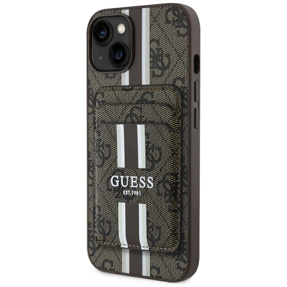 Custodia MagSafe per Apple iPhone 15, Guess, Cardslot 4G Stripes, Marrone