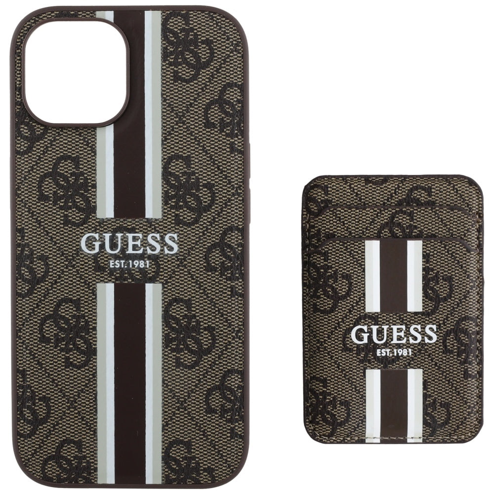 Custodia MagSafe per Apple iPhone 15, Guess, Cardslot 4G Stripes, Marrone