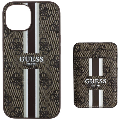 Custodia MagSafe per Apple iPhone 15, Guess, Cardslot 4G Stripes, Marrone