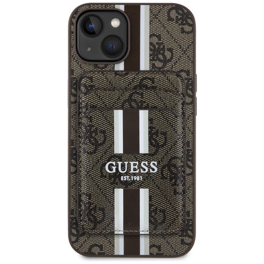 Custodia MagSafe per Apple iPhone 15, Guess, Cardslot 4G Stripes, Marrone