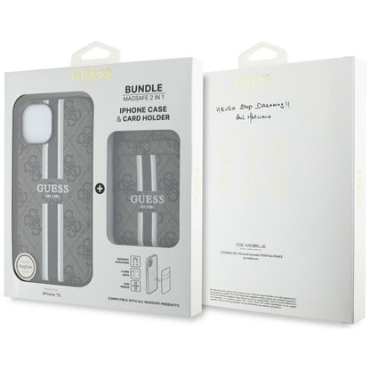 Custodia MagSafe per Apple iPhone 15, Guess, Cardslot 4G Stripes, Marrone