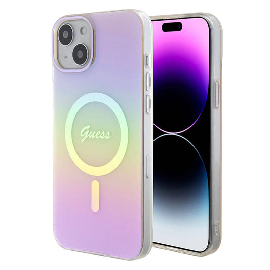 Custodia MagSafe per Apple iPhone 15, Guess, IML Iridescent Script, Rosa GUHMP15SHITSP