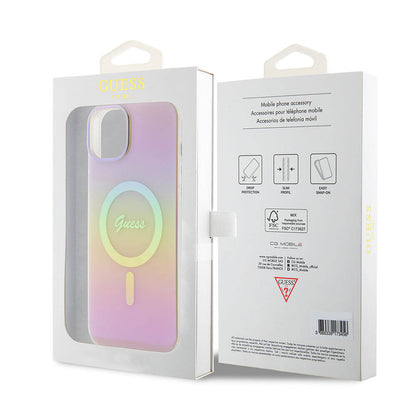 Custodia MagSafe per Apple iPhone 15, Guess, IML Iridescent Script, Rosa GUHMP15SHITSP
