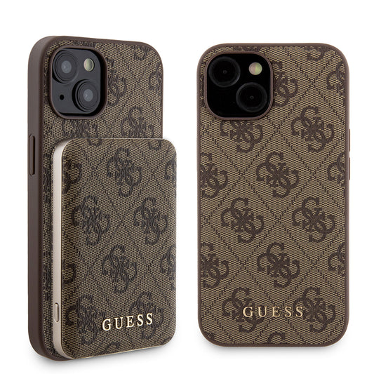 Custodia MagSafe per Apple iPhone 15, Guess, Powerbank 4G Metal Logo, Marrone