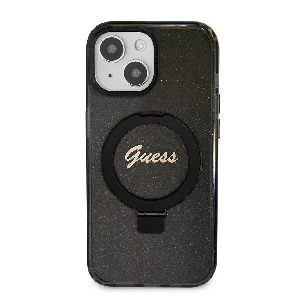 Custodia MagSafe per Apple iPhone 15, Guess, Ring Stand Script Glitter, Nera