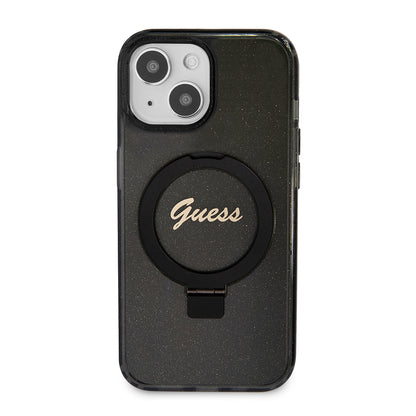 Custodia MagSafe per Apple iPhone 15, Guess, Ring Stand Script Glitter, Nera