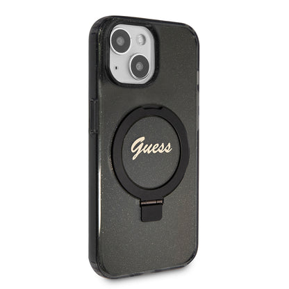 Custodia MagSafe per Apple iPhone 15, Guess, Ring Stand Script Glitter, Nera