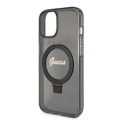 Custodia MagSafe per Apple iPhone 15, Guess, Ring Stand Script Glitter, Nera