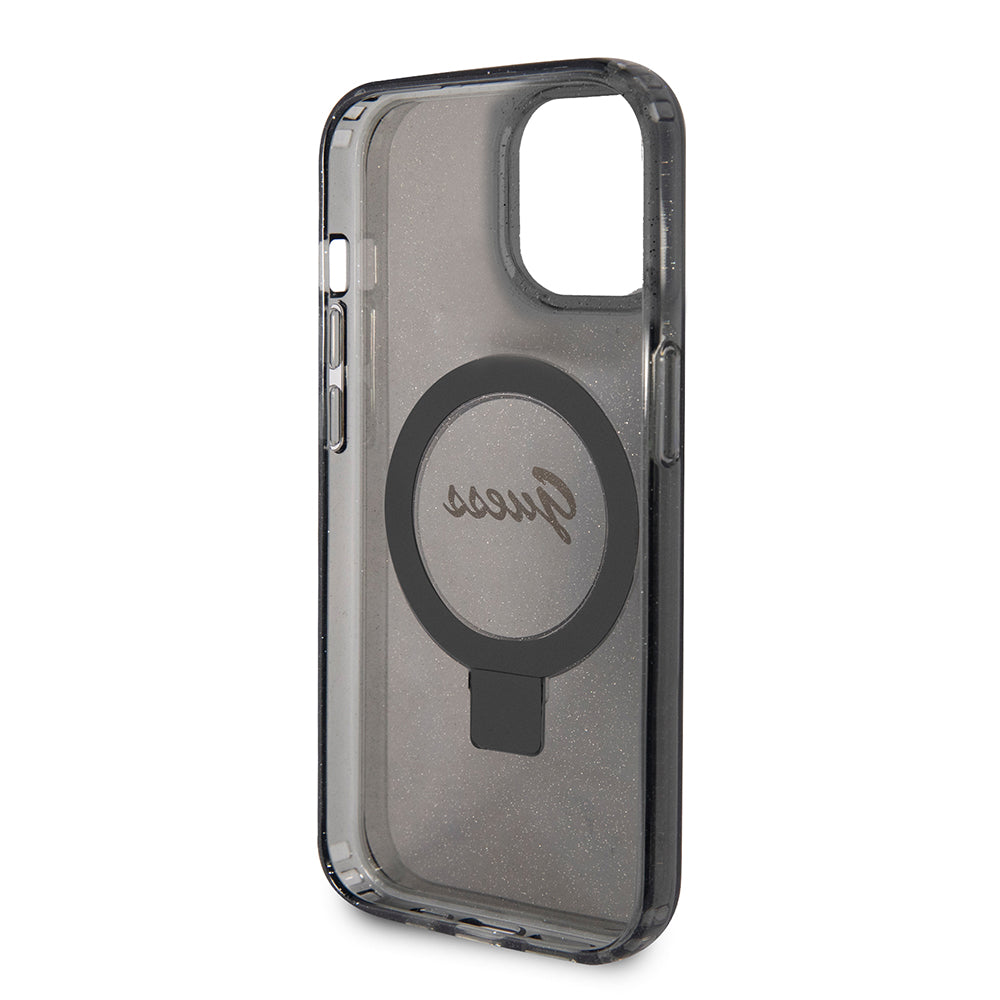 Custodia MagSafe per Apple iPhone 15, Guess, Ring Stand Script Glitter, Nera