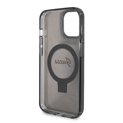 Custodia MagSafe per Apple iPhone 15, Guess, Ring Stand Script Glitter, Nera