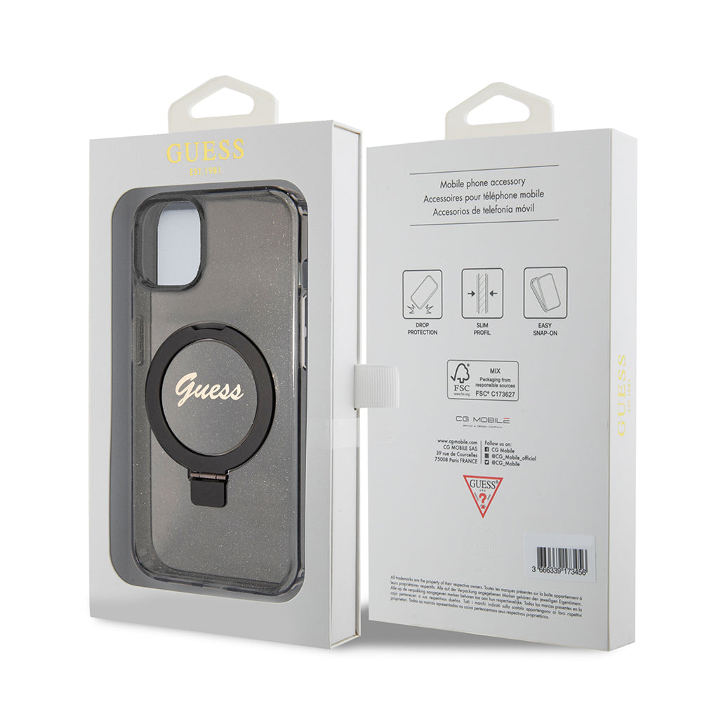Custodia MagSafe per Apple iPhone 15, Guess, Ring Stand Script Glitter, Nera