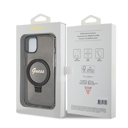 Custodia MagSafe per Apple iPhone 15, Guess, Ring Stand Script Glitter, Nera