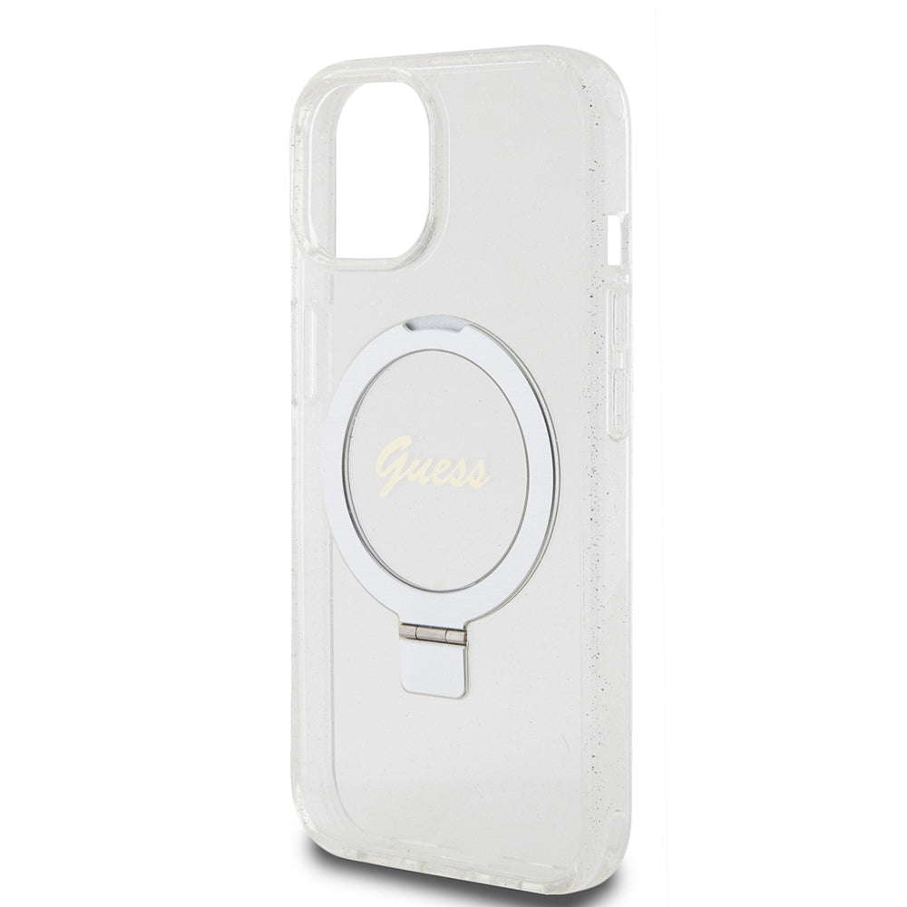 Custodia MagSafe per Apple iPhone 15, Guess, Ring Stand Script Glitter, Trasparente