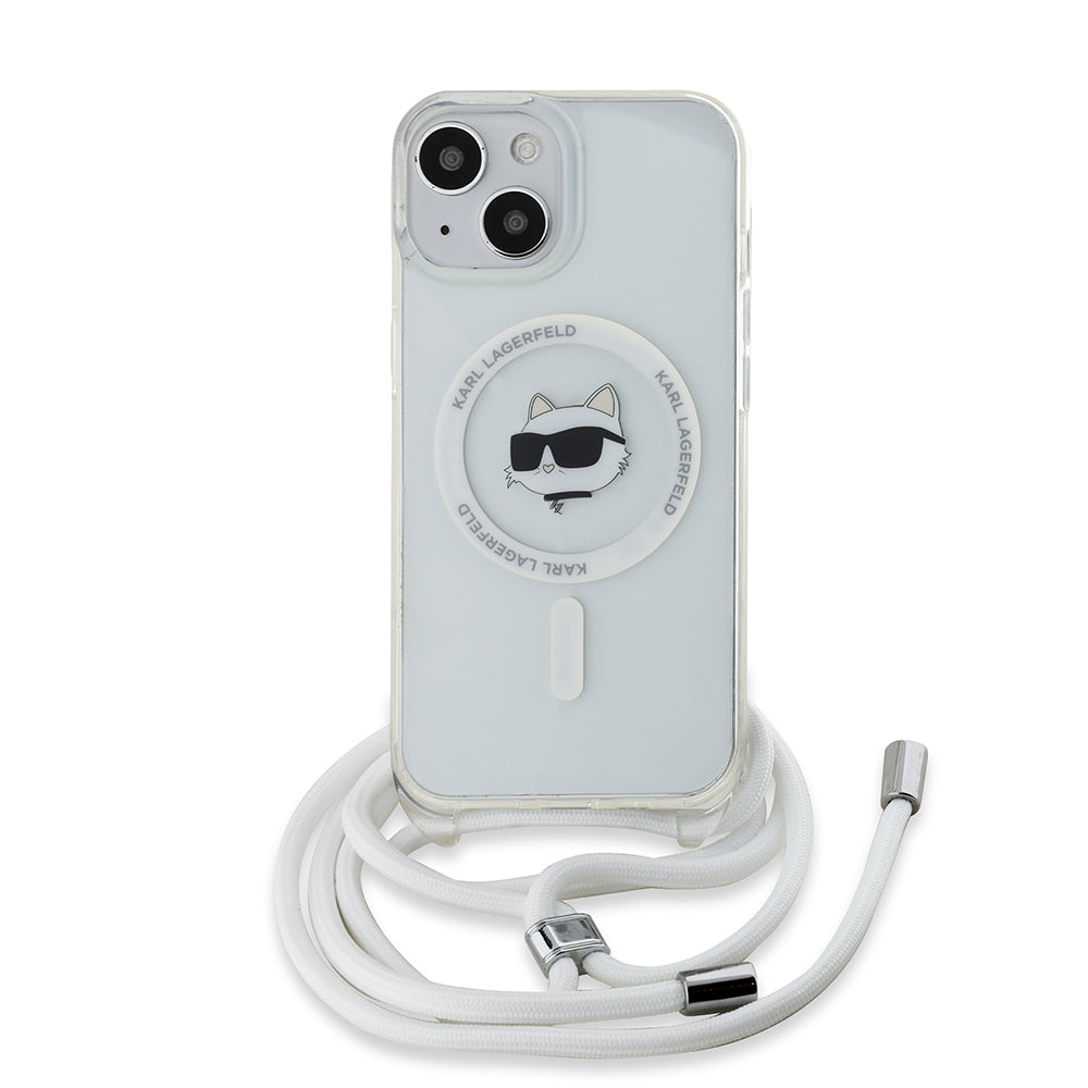 Custodia MagSafe per Apple iPhone 15, Karl Lagerfeld, IML Crossbody Choupette's Head con Tracolla, Trasparente