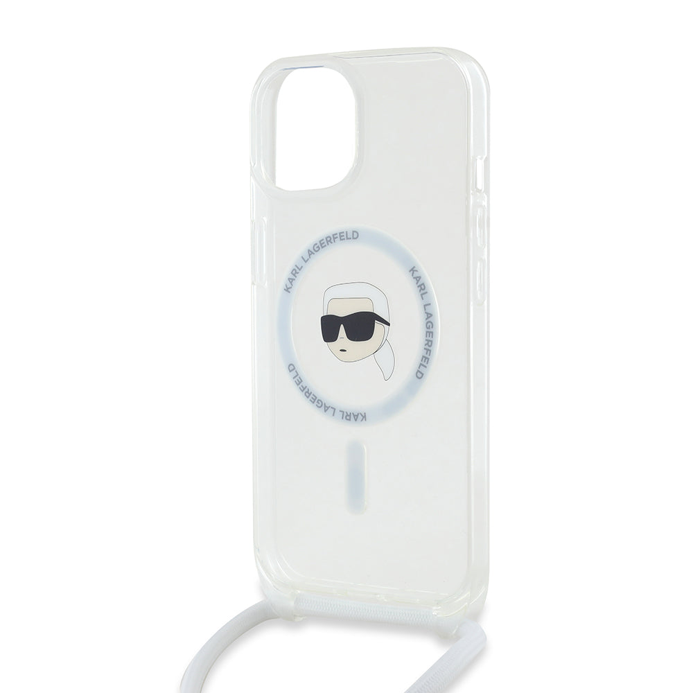 Custodia MagSafe per Apple iPhone 15, Karl Lagerfeld, IML Crossbody Karl's Head, Trasparente