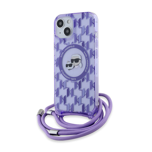 Custodia MagSafe per Apple iPhone 15, Karl Lagerfeld, IML Crossbody Monogramma Karl & Choupette's Heads, Viola