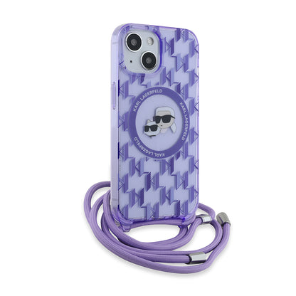 Custodia MagSafe per Apple iPhone 15, Karl Lagerfeld, IML Crossbody Monogramma Karl & Choupette's Heads, Viola