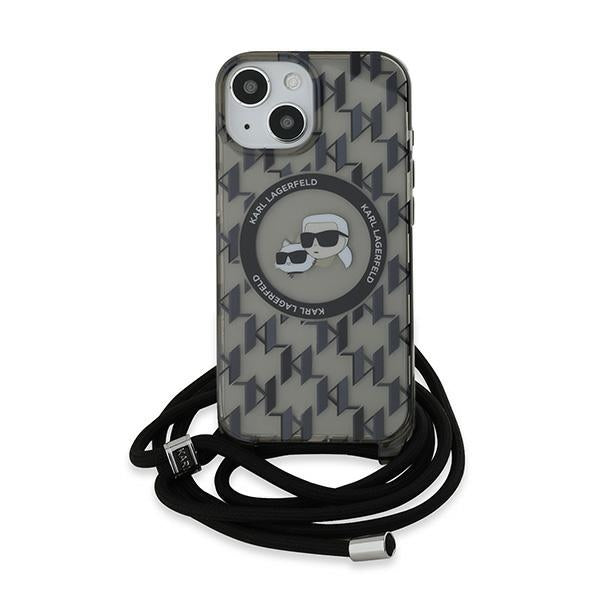 Custodia MagSafe per Apple iPhone 15, Karl Lagerfeld, IML Crossbody Monogram Karl & Choupette's Heads, Nera