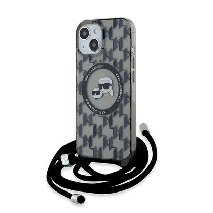 Custodia MagSafe per Apple iPhone 15, Karl Lagerfeld, IML Crossbody Monogram Karl & Choupette's Heads, Nera