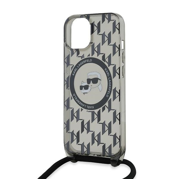 Custodia MagSafe per Apple iPhone 15, Karl Lagerfeld, IML Crossbody Monogram Karl & Choupette's Heads, Nera