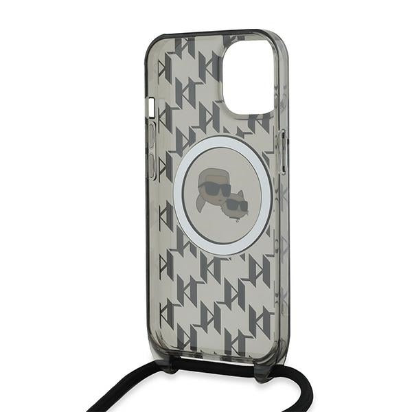 Custodia MagSafe per Apple iPhone 15, Karl Lagerfeld, IML Crossbody Monogram Karl & Choupette's Heads, Nera