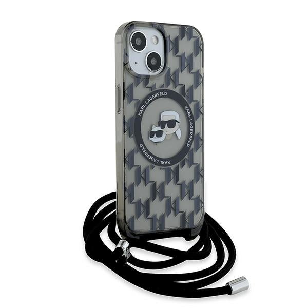 Custodia MagSafe per Apple iPhone 15, Karl Lagerfeld, IML Crossbody Monogram Karl & Choupette's Heads, Nera