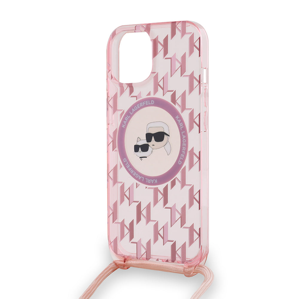 Custodia MagSafe per Apple iPhone 15, Karl Lagerfeld, IML Crossbody Monogramma Karl & Choupette's Heads, Rosa