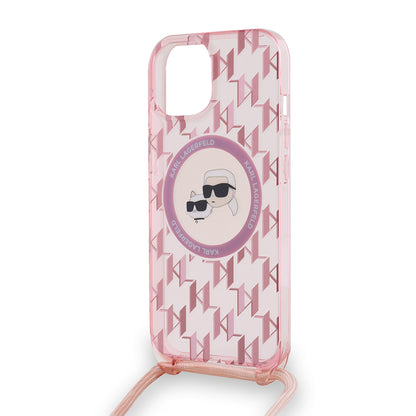Custodia MagSafe per Apple iPhone 15, Karl Lagerfeld, IML Crossbody Monogramma Karl & Choupette's Heads, Rosa