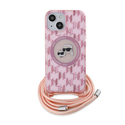 Custodia MagSafe per Apple iPhone 15, Karl Lagerfeld, IML Crossbody Monogramma Karl & Choupette's Heads, Rosa
