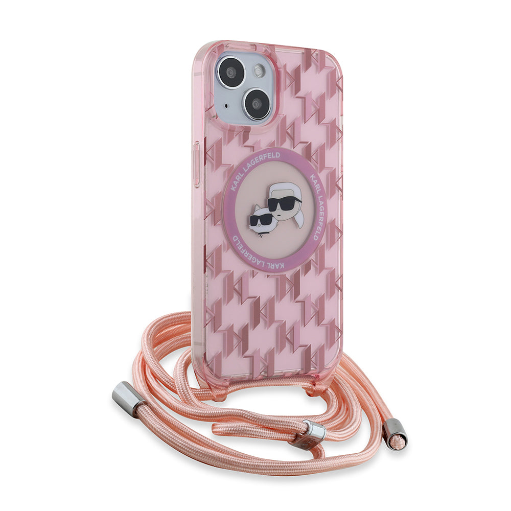 Custodia MagSafe per Apple iPhone 15, Karl Lagerfeld, IML Crossbody Monogramma Karl & Choupette's Heads, Rosa