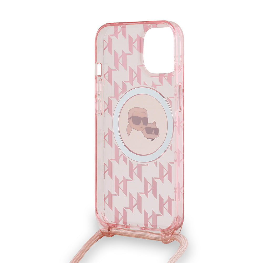 Custodia MagSafe per Apple iPhone 15, Karl Lagerfeld, IML Crossbody Monogramma Karl & Choupette's Heads, Rosa