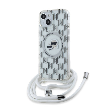 Custodia MagSafe per Apple iPhone 15, Karl Lagerfeld, IML Crossbody Monogramma Karl & Choupette's Heads, Trasparente