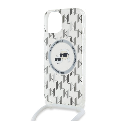 Custodia MagSafe per Apple iPhone 15, Karl Lagerfeld, IML Crossbody Monogramma Karl & Choupette's Heads, Trasparente