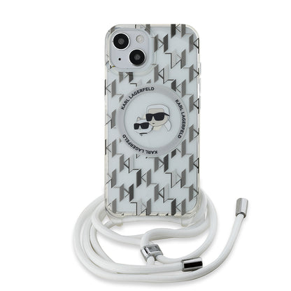 Custodia MagSafe per Apple iPhone 15, Karl Lagerfeld, IML Crossbody Monogramma Karl & Choupette's Heads, Trasparente