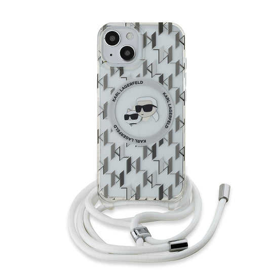 Custodia MagSafe per Apple iPhone 15, Karl Lagerfeld, IML Crossbody Monogramma Karl & Choupette's Heads, Trasparente