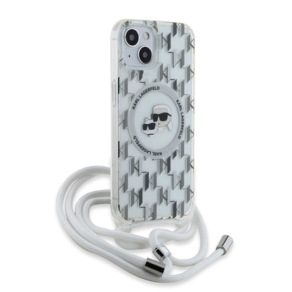 Custodia MagSafe per Apple iPhone 15, Karl Lagerfeld, IML Crossbody Monogramma Karl & Choupette's Heads, Trasparente