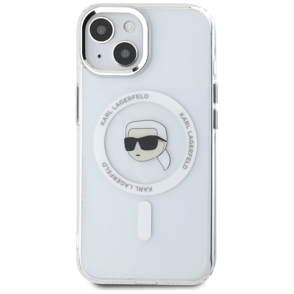 Custodia MagSafe per Apple iPhone 15, Karl Lagerfeld, IML Metal Karl's Head, Bianca