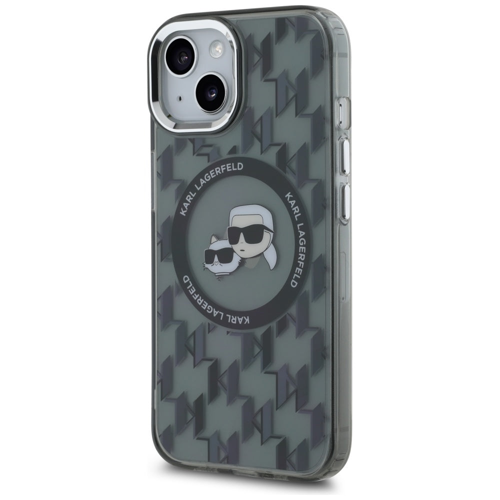 Custodia MagSafe per Apple iPhone 15, Karl Lagerfeld, IML Monogram Karl & Choupette's Heads, Nera
