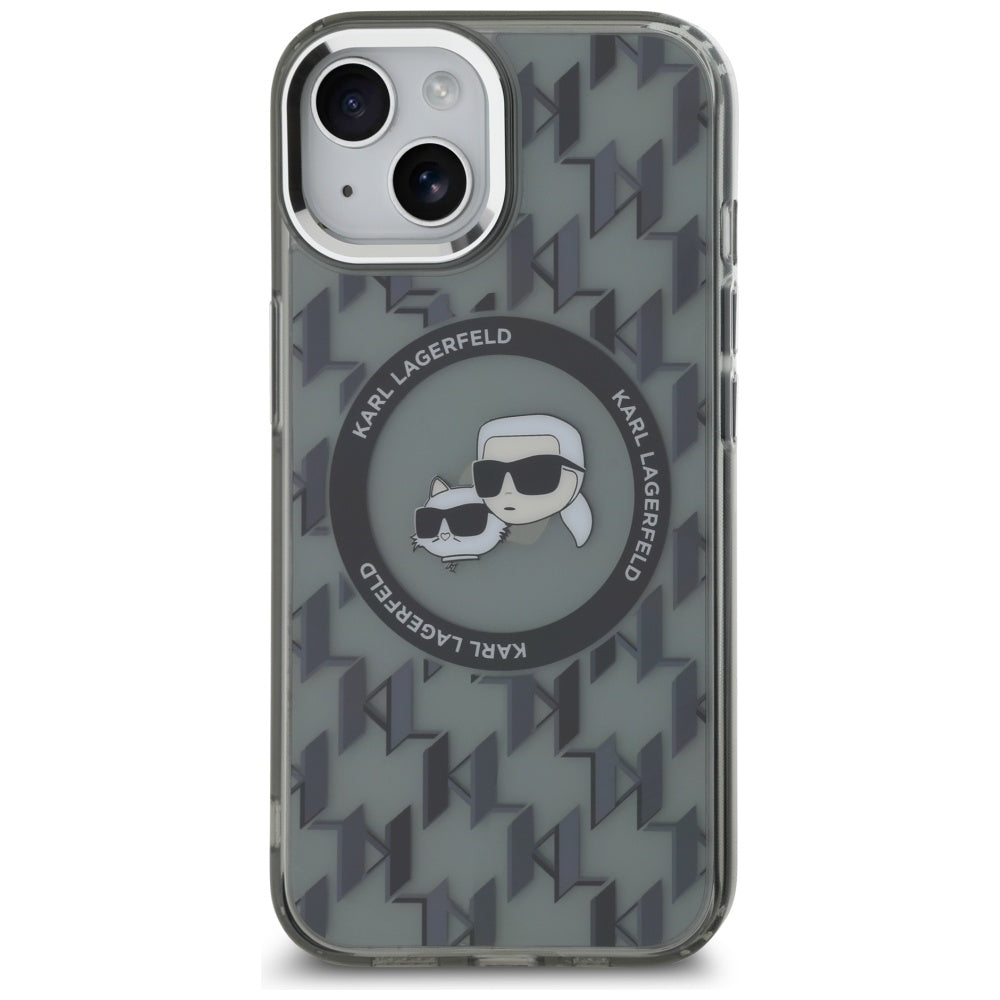 Custodia MagSafe per Apple iPhone 15, Karl Lagerfeld, IML Monogram Karl & Choupette's Heads, Nera
