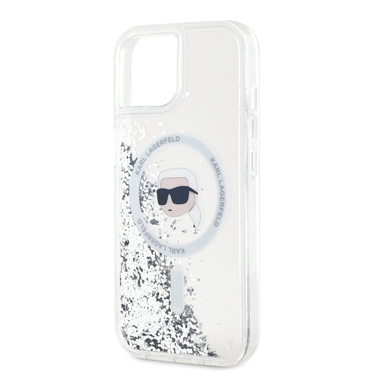 Custodia MagSafe per Apple iPhone 15, Karl Lagerfeld, Liquid Glitter Karl's Head, Trasparente